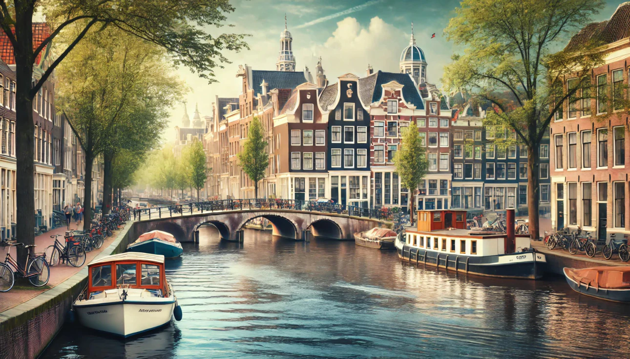 Typical Amsterdam street with canal and bicycles